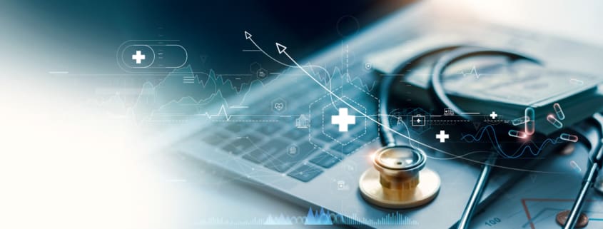 Healthcare business graph and data of Medical business growth and gold stethoscope of doctor on laptop, investment, financial and banking, Medical business report on global network.